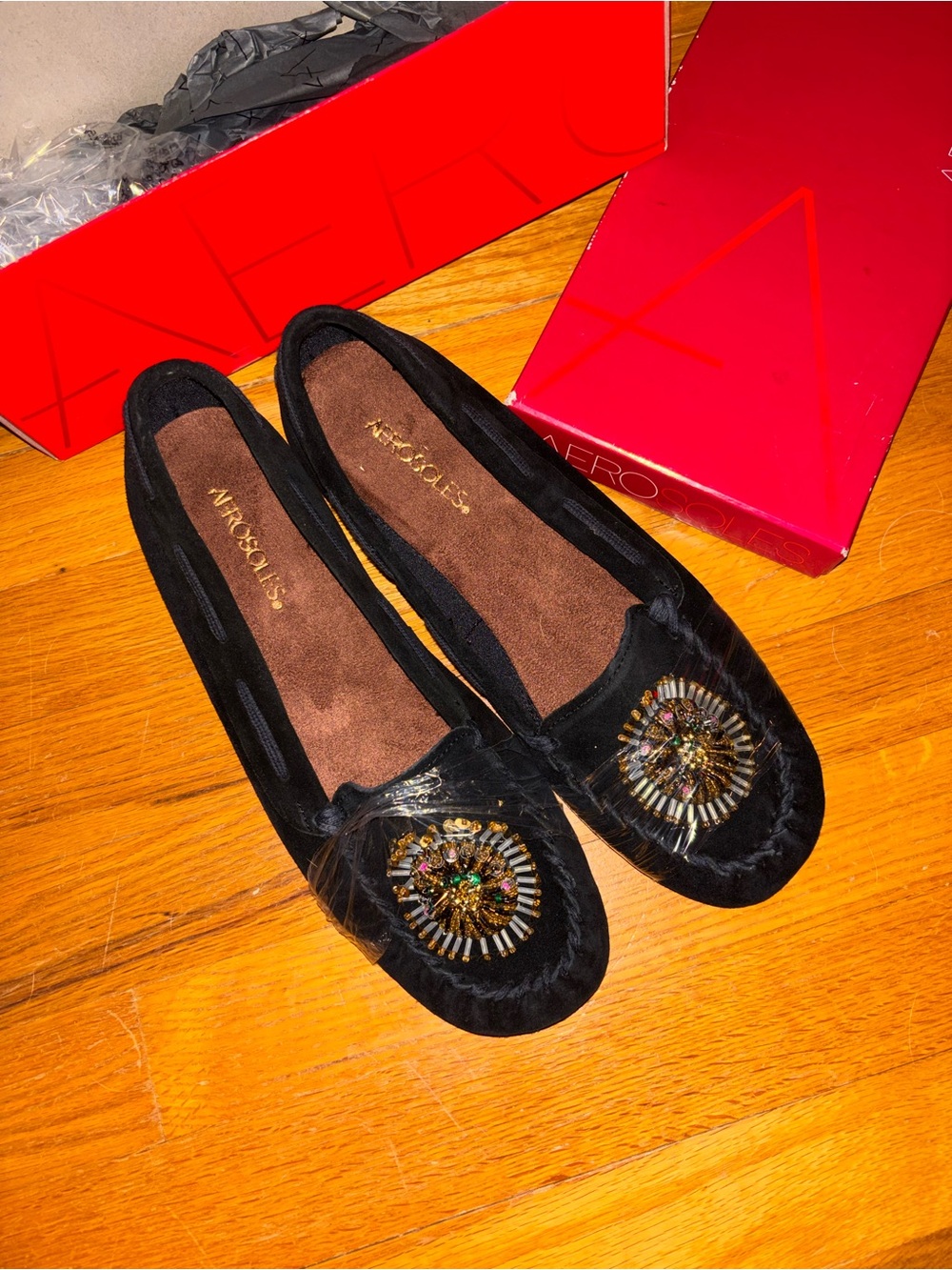 AEROSOLES Black Velvet Beaded Ballet Flats